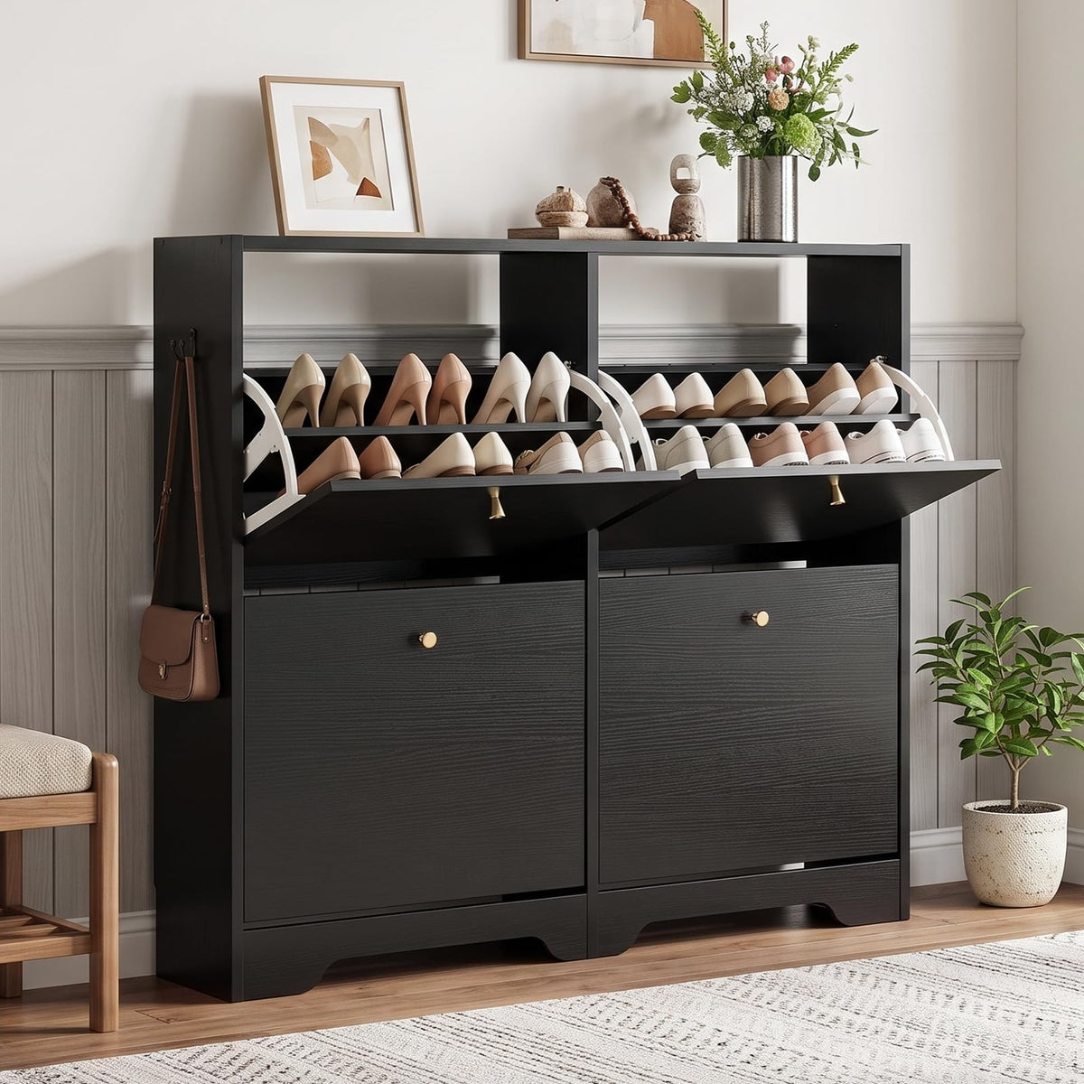 Nicetree Shoe Cabinet, 4 Flip Drawers Slim Black Entryway Storage