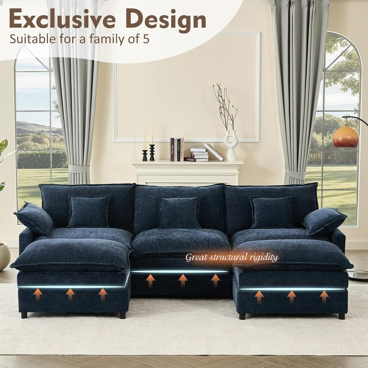 108" U Shaped Couch, Modular Sectional Sofa, 3-Seater Comfy Cloud Couch with Movable Ottoman, Deep