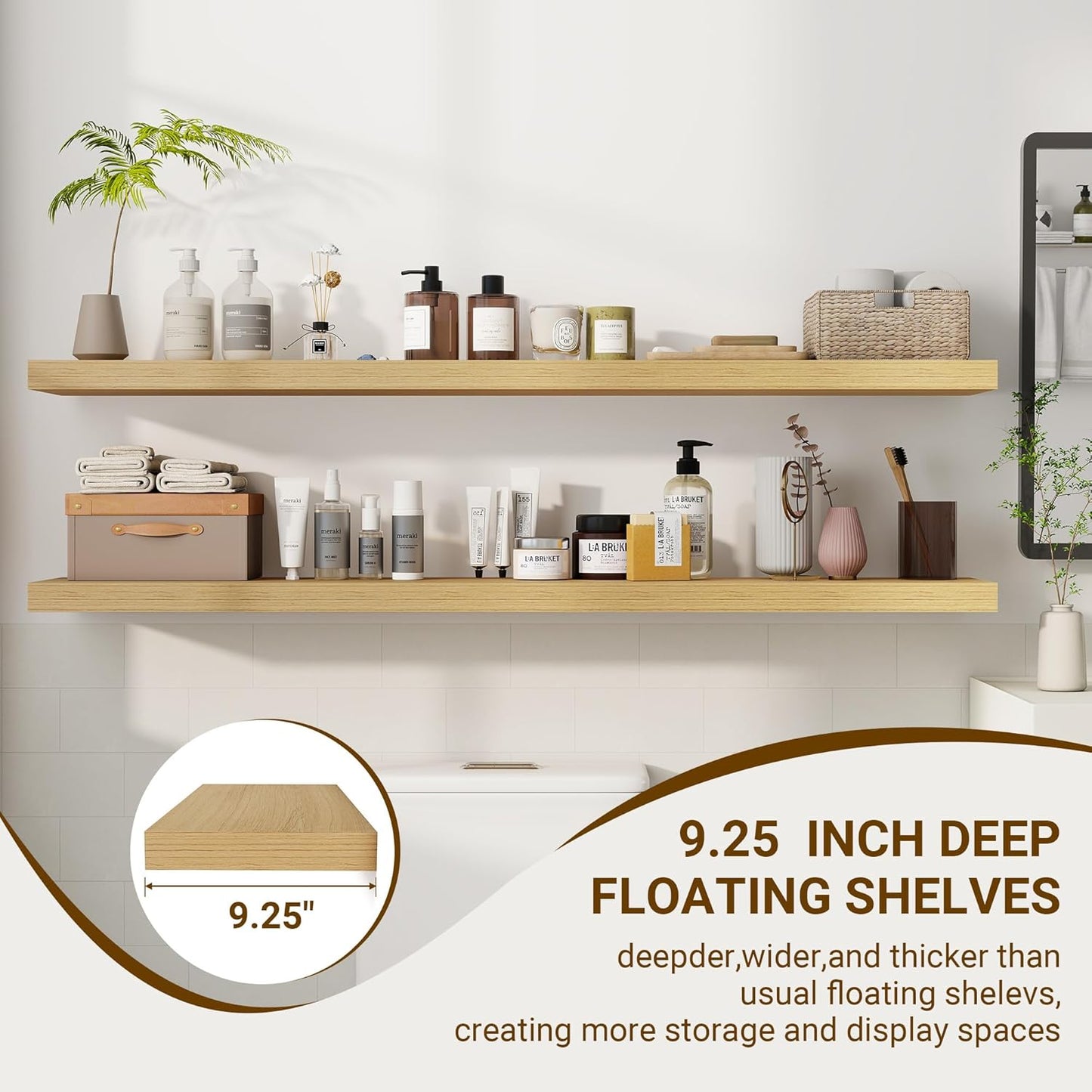 55 Inch Floating Shelves, 3D Textured Wood Grain, 55"x9.25"x1.5" Inch Deep Floating Shelves for