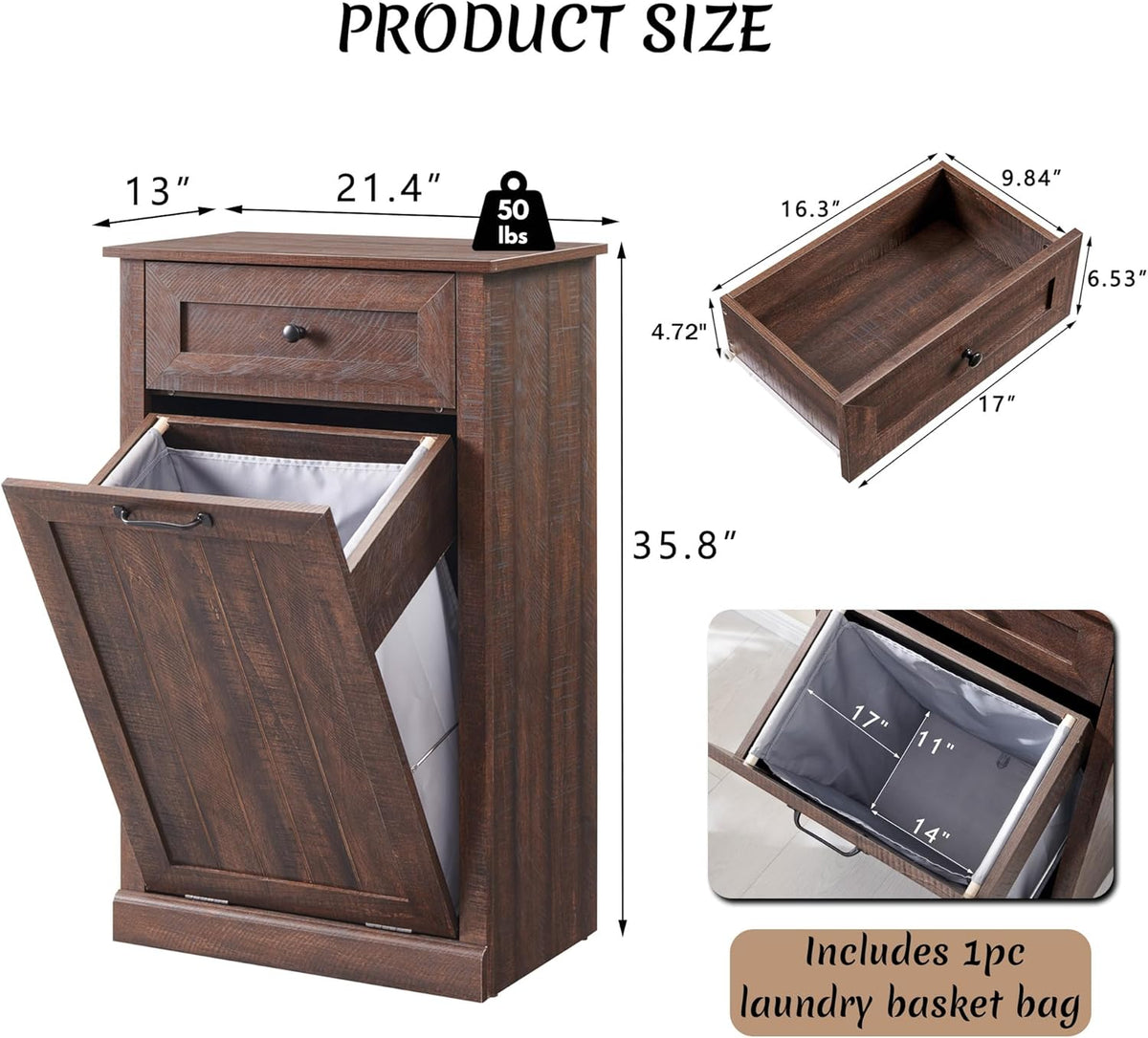 Tilt Out Laundry Hamper Cabinet, 10 Gallon Farmhouse Trash Can Cabinet with Drawer, Hidden Wood