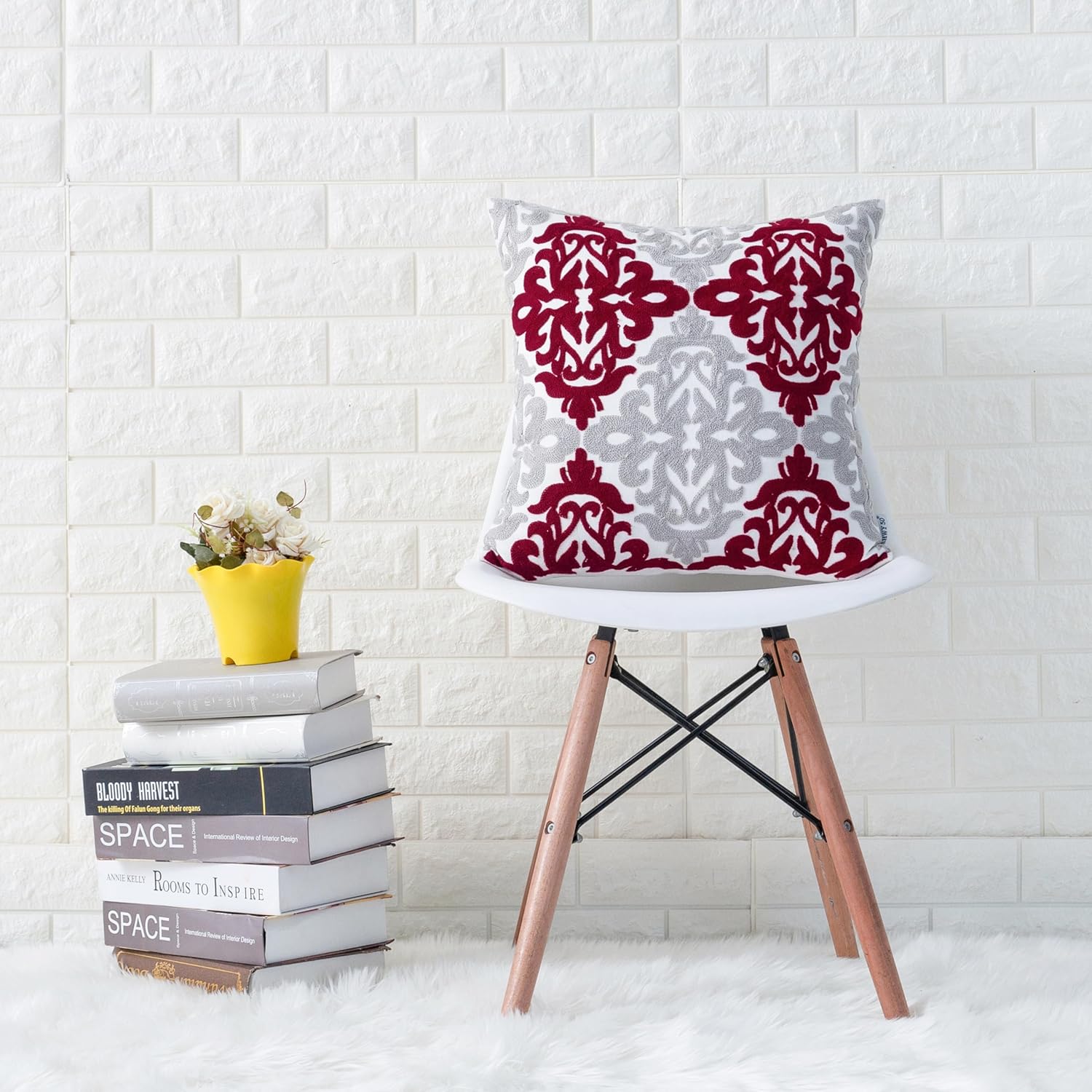 HWY 50 Burgundy Red Decorative Throw Pillow Covers 18x18 Inch (1 Piece), Embroidered Cotton