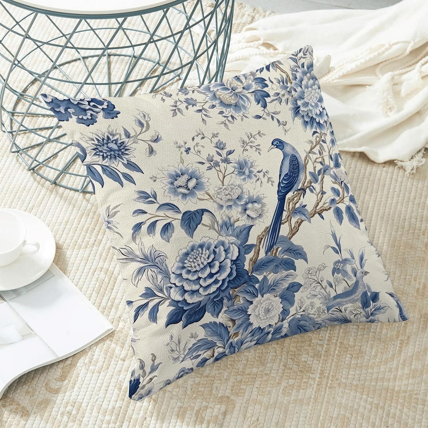 CXMEIFLY Spring Floral Pillow Covers 16 x 16 Inch Set of 2 for Chinoiserie Flowers Bird Decor Throw