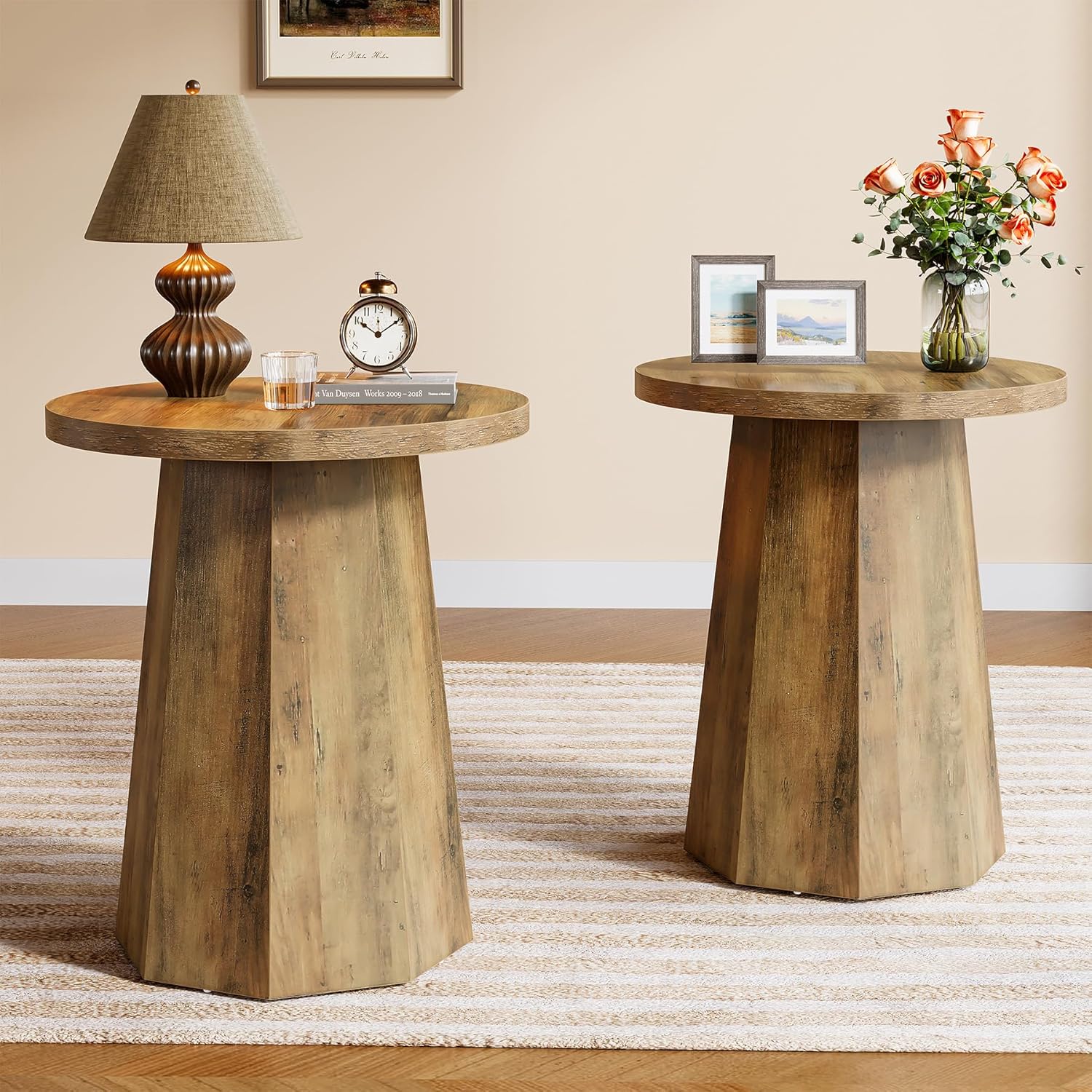 Tribesigns Round Pedestal End Table, Farmhouse Couch Side Table with Octagonal Base, Nightstand