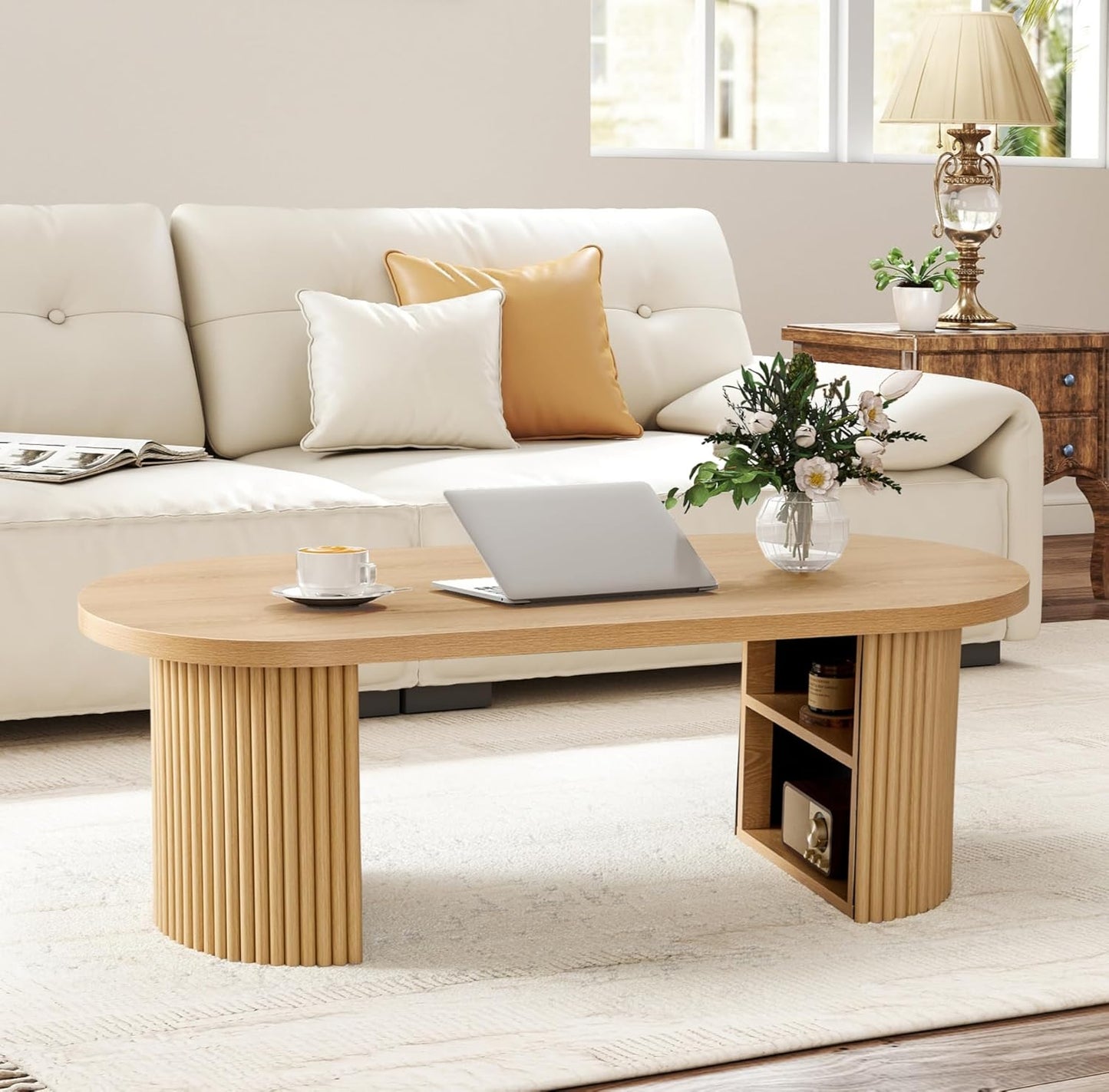 Oval Fluted Coffee Table, 47" Farmhouse Wood Coffee Table Mid Century Modern Center Table Boho