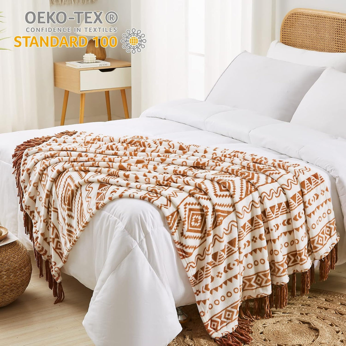 CASAAGUSTO Boho Throw Blanket - Terrcotta Decorative Blankets with Tassel, Printed Flannel Bohemian