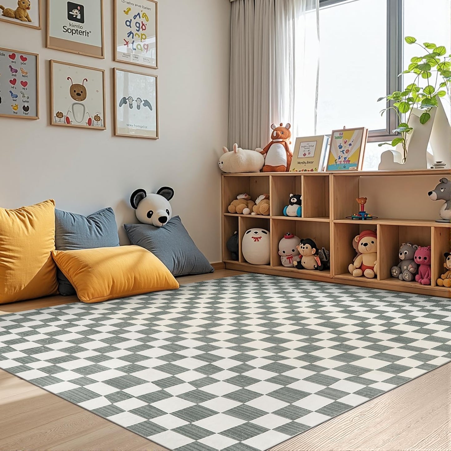 jinchan 6x9 Checkered Area Rugs for Kids Room - Machine Washable Soft Rug Modern Geometric Lattice