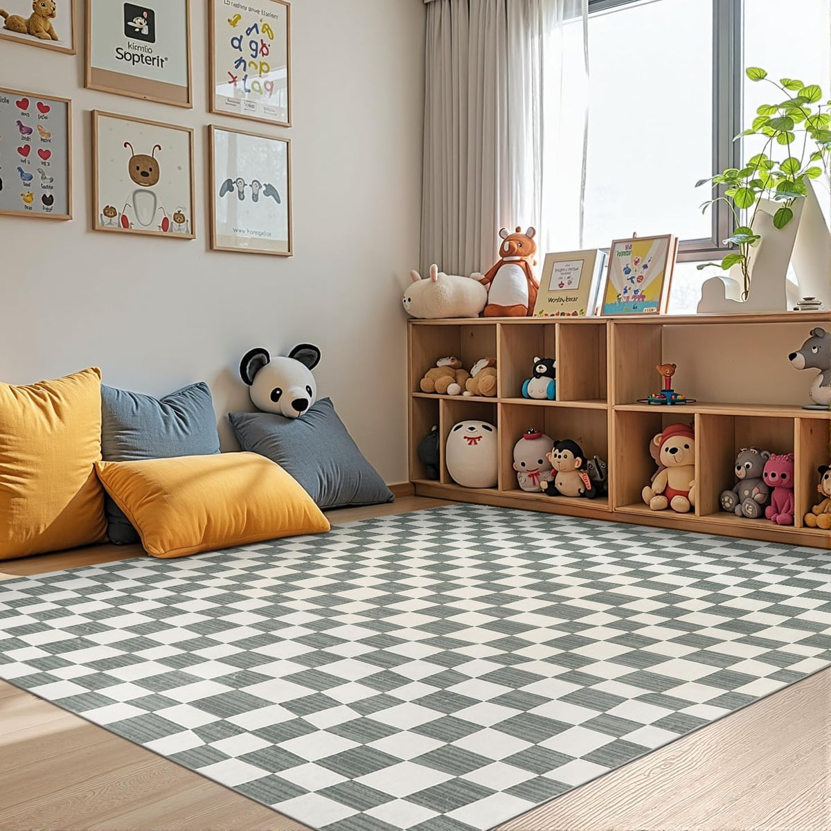 jinchan 5x7 Checkered Area Rugs for Kids Room - Machine Washable Soft Rug Modern Geometric Lattice