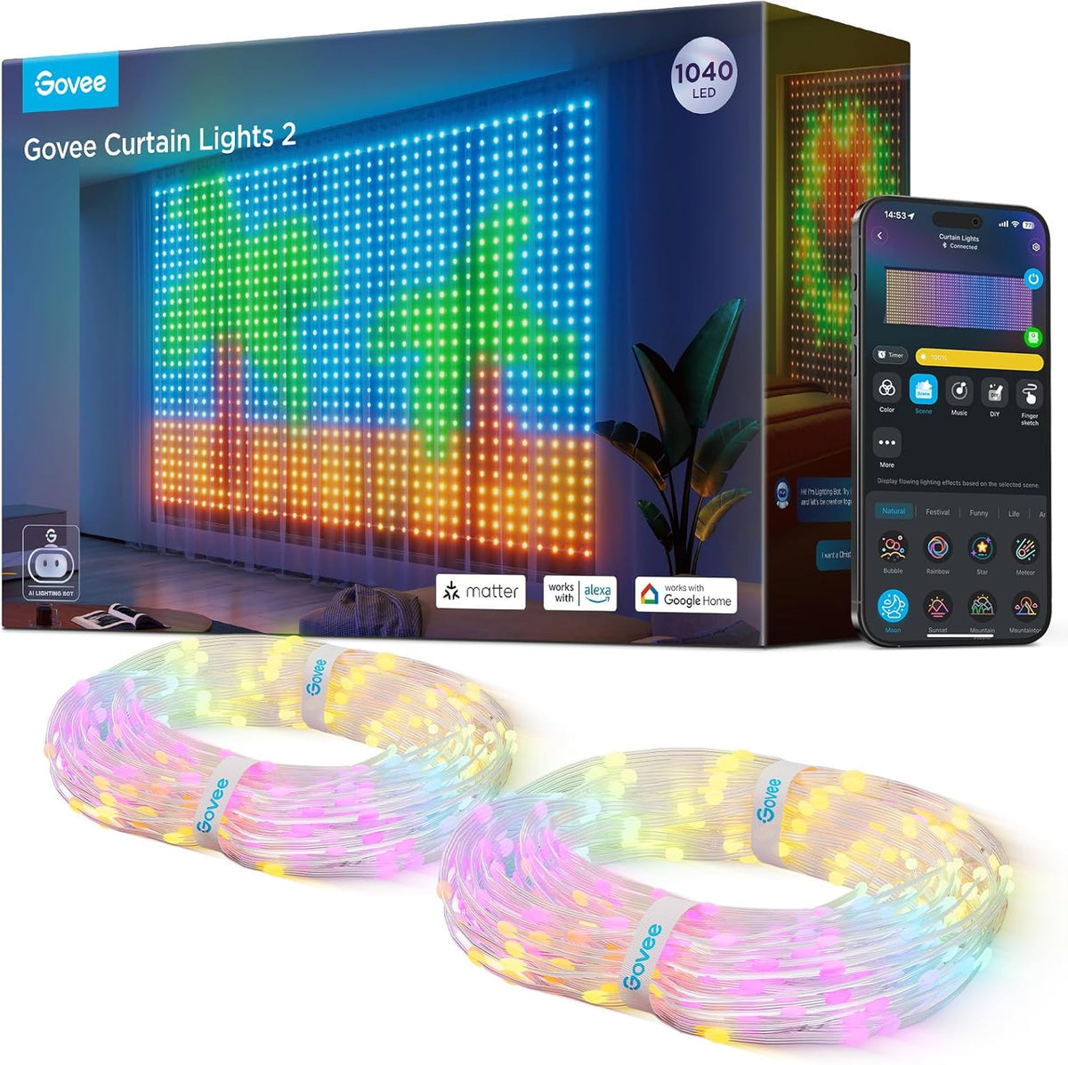Govee Curtain Lights 2, Smart LED Curtain Light with DIY GIF AIGC, 1040 LEDs, RGBIC Color Changing