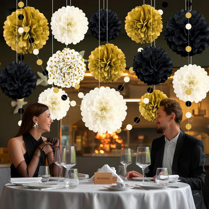 Black and Gold Party Decorations, 16 PCS Tissue Paper Pom Poms Dots Paper Garland Kit for New Year