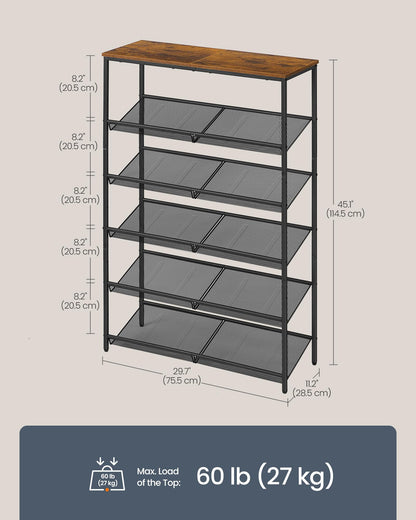 SONGMICS HOME 6 Tier Shoe Storage Organizer, Freestanding Shoe Rack, Dense Mesh, for Living Room