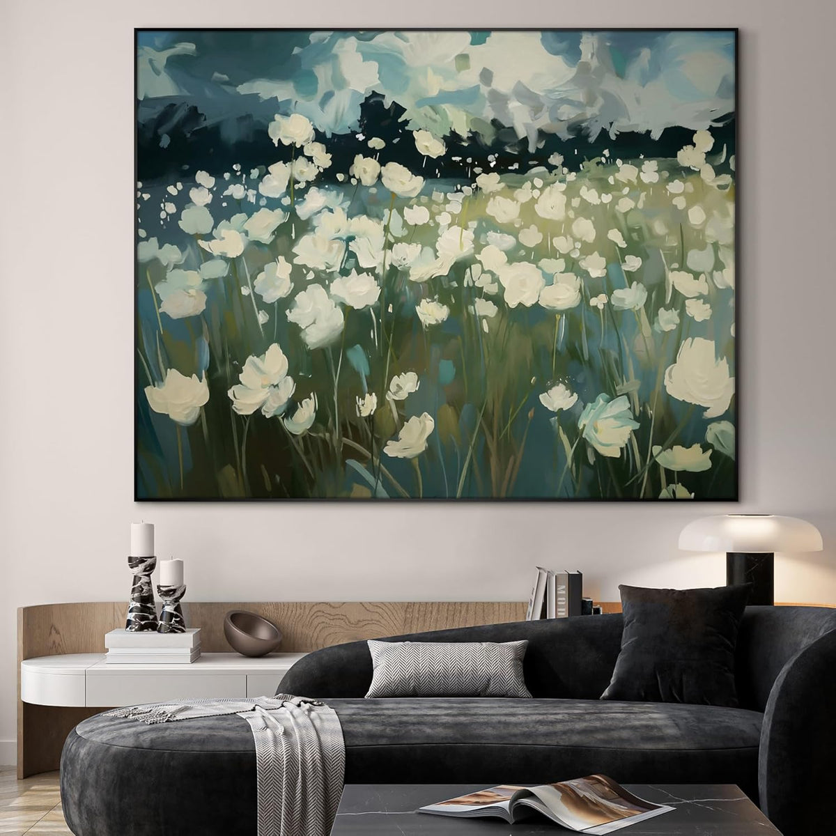 SIGNWIN 46"x60" Extra Large Framed Wall Art White Wildflower Field in Impressionist Style, Soft