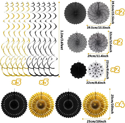 Black Gold Party Decorations, New Years Eve Party Supplies Easy Assembly Paper Fan Honeycomb Ball