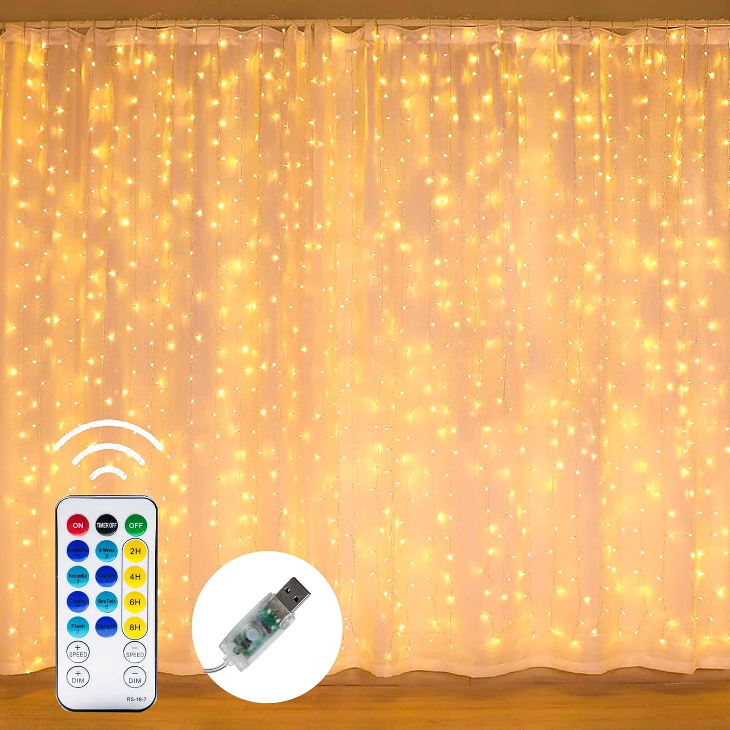 Dazzle Bright Curtain String Lights, 300 LED 9.8ft x9.8ft Warm White Fairy Lights with 8 Lighting