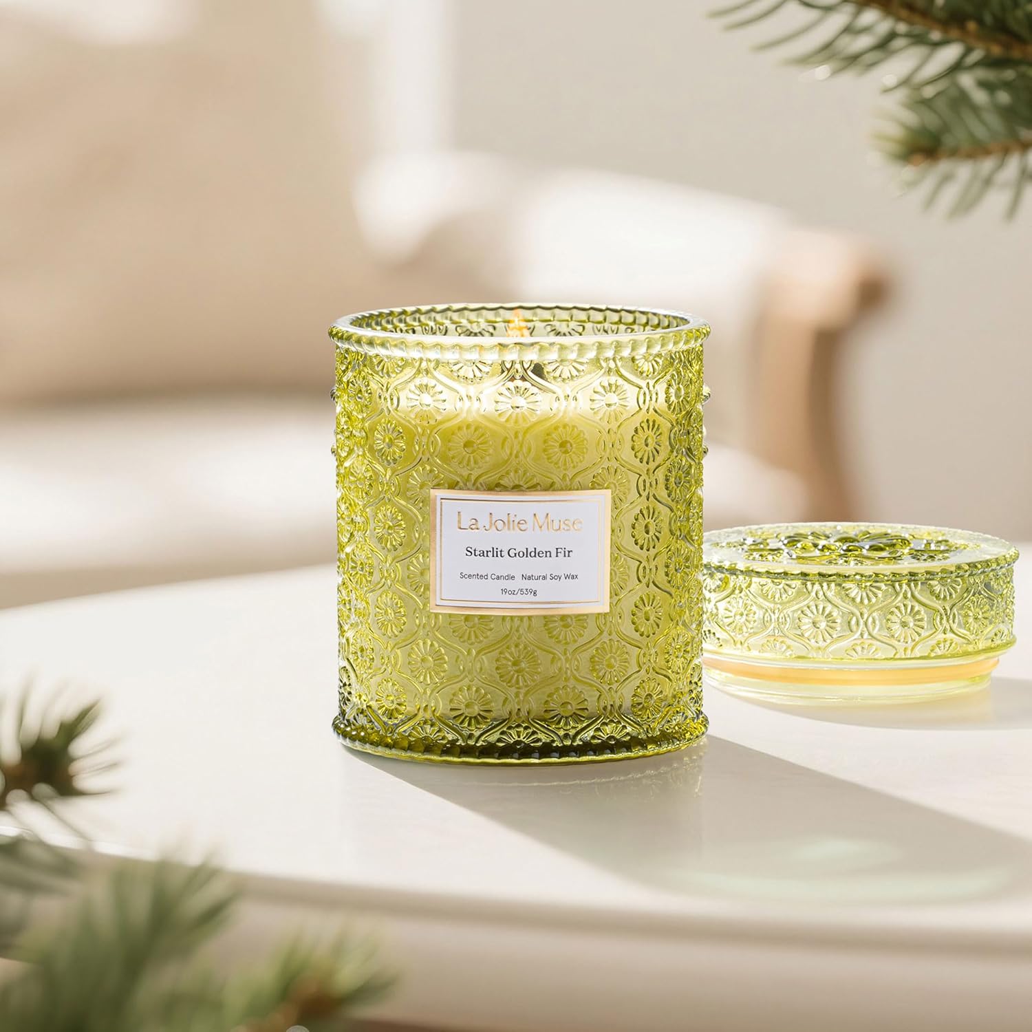 LA JOLIE MUSE Christmas Candles, Starlit Golden Fir Candle – Pine, Cedarwood, Fir Balsam | 19 oz