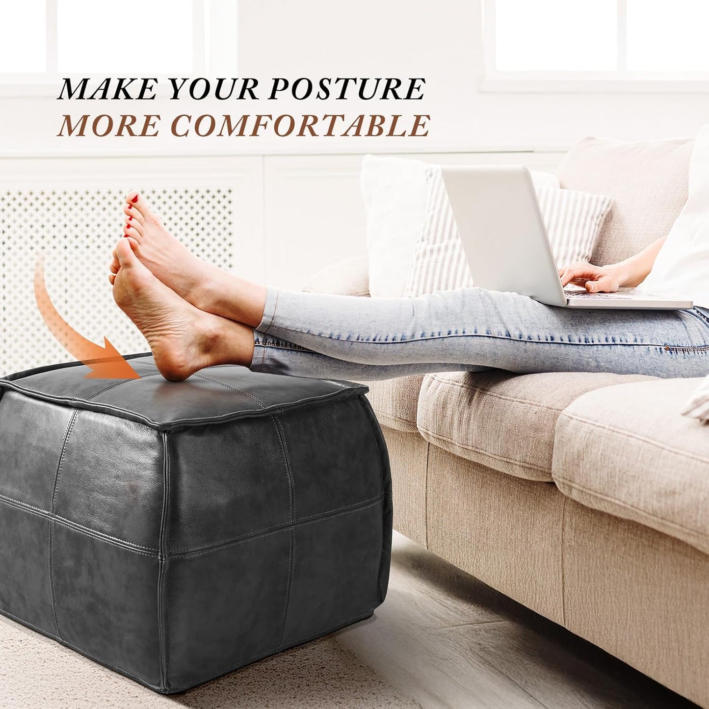 Leather Ottoman,Handmade Stuffed Square Ottoman,Genuine Leather Pouf, Foot Rest Pouf,Comfortable