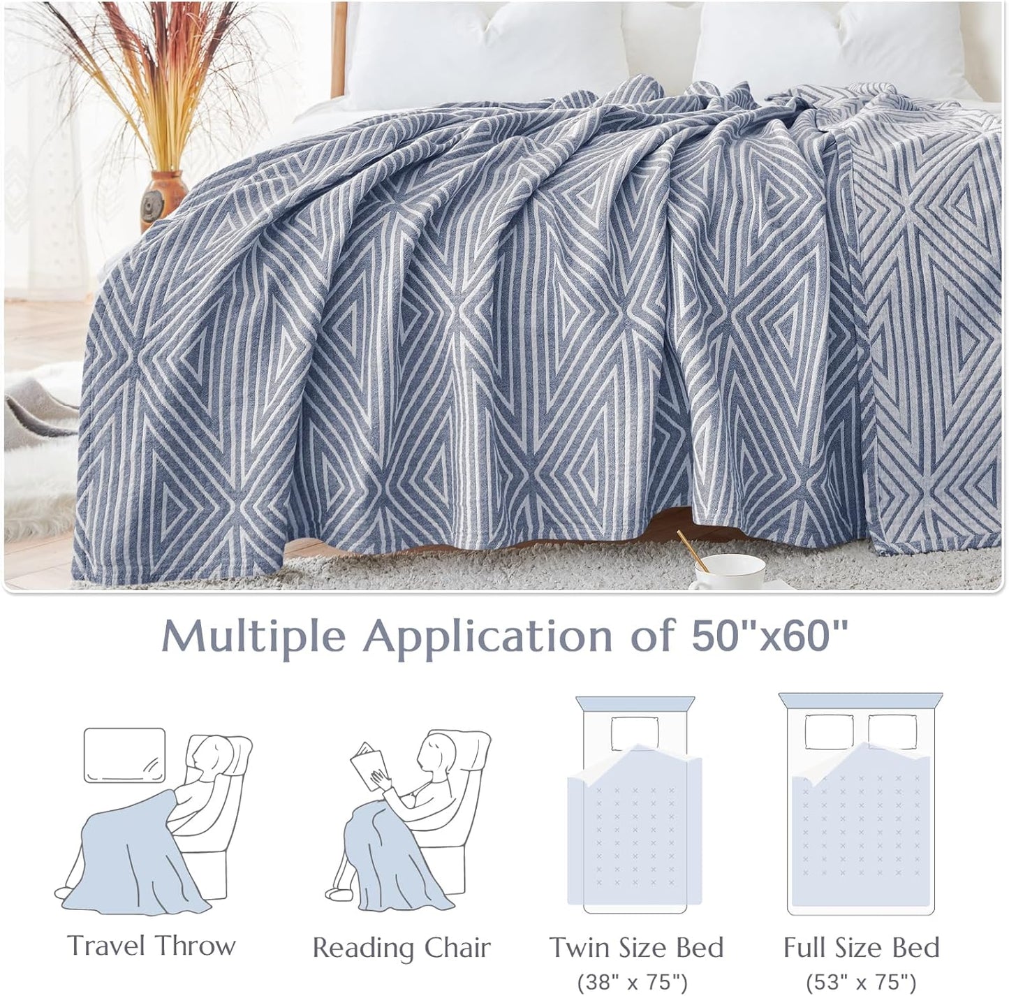 jinchan Boho 100% Cotton Blanket Muslin 50x60 Inches Lightweight 3-Layer Geometric Triangle Striped