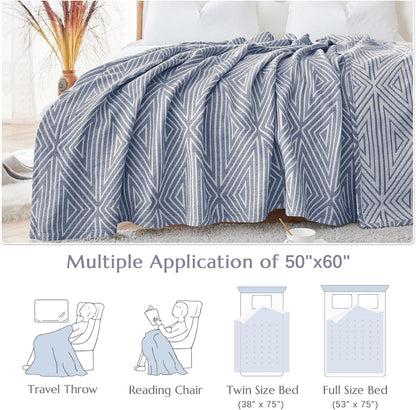 jinchan Boho 100% Cotton Blanket Muslin 50x60 Inches Lightweight 3-Layer Geometric Triangle Striped