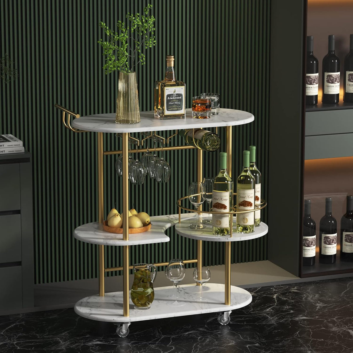 Gold Bar Carts with 4-Tier Storage Shelves, Mobile Bar Serving Cart with Wine Rack and Glass