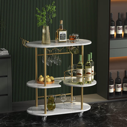 Gold Bar Carts with 4-Tier Storage Shelves, Mobile Bar Serving Cart with Wine Rack and Glass