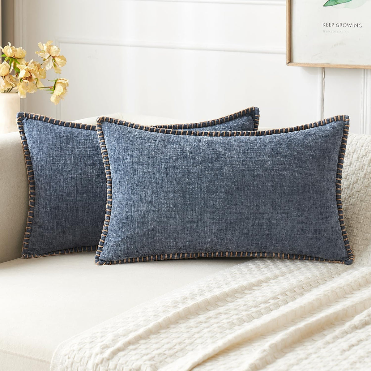MIULEE Pack of 2 Couch Throw Pillow Covers 12x20 Inch Dark Grey Blue Farmhouse Decorative Pillow