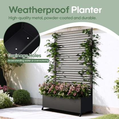 Metal Planter Box with Trellis Privacy Screen, Raised Garden Bed with Trellis & Wheels, Privacy