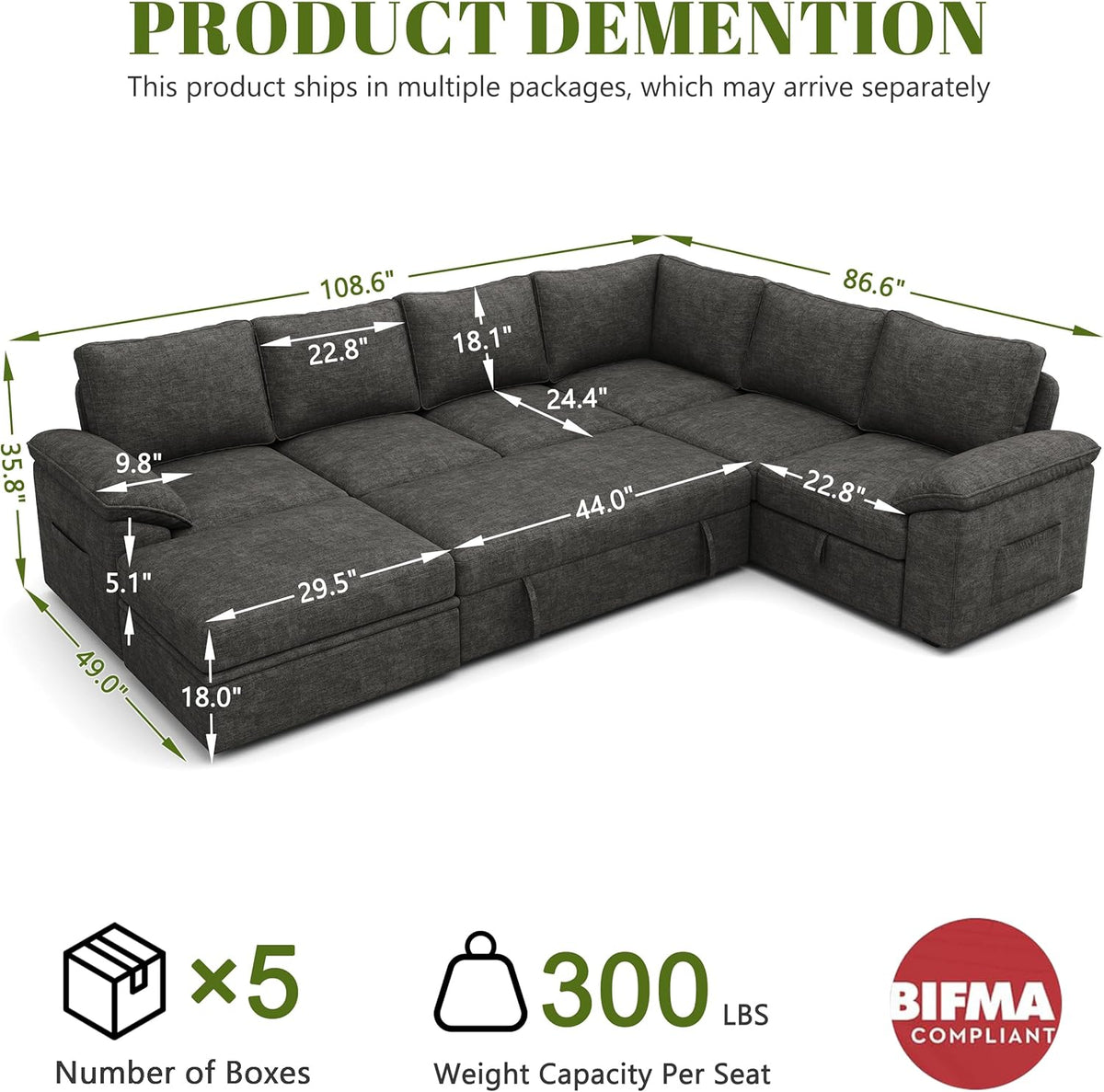 108 Inch Sectional Sleeper Sofa with Pull Out Bed,U Shaped 7 Seat Modular Sectional Sofa with