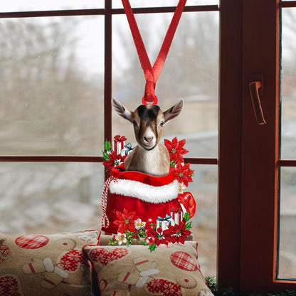 Talataca Goat 2D Flat Christmas Ornament, Goat in Red Santa Gift Bag Pine Tree Decor, Hanging House