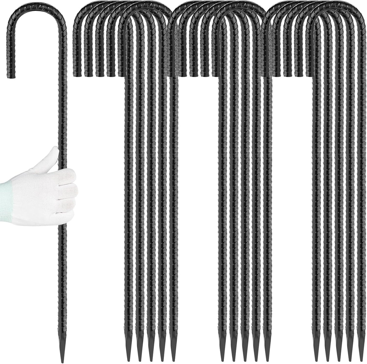 24 inches J Hook Rebar Stakes (16-Pack), Extra Long Garden Stakes with Chisel Point End Steel Rebar