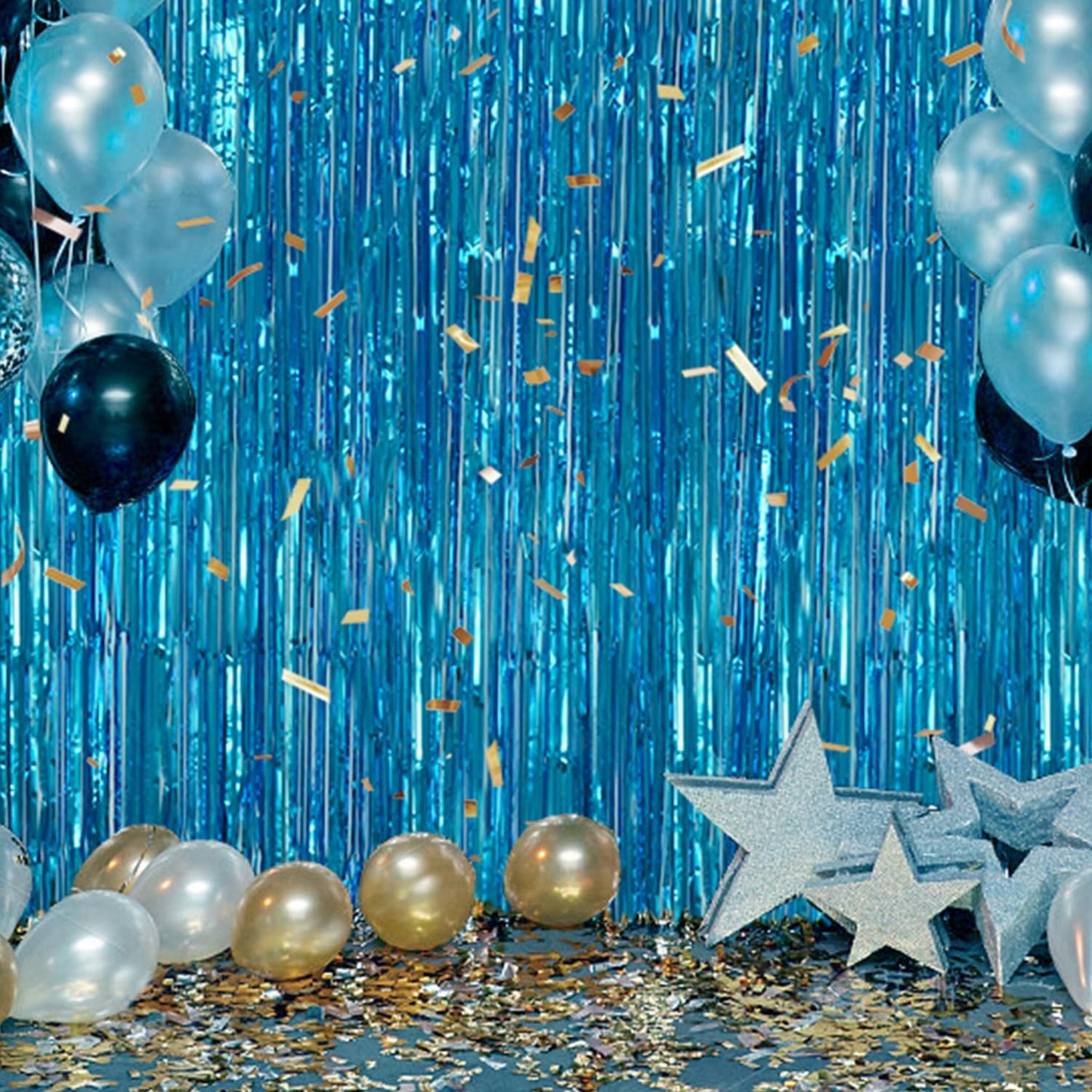 3 Pack Foil Fringe Backdrop - Blue Shiny Tinsel Curtains for Party Decoration/Photo Booth Props