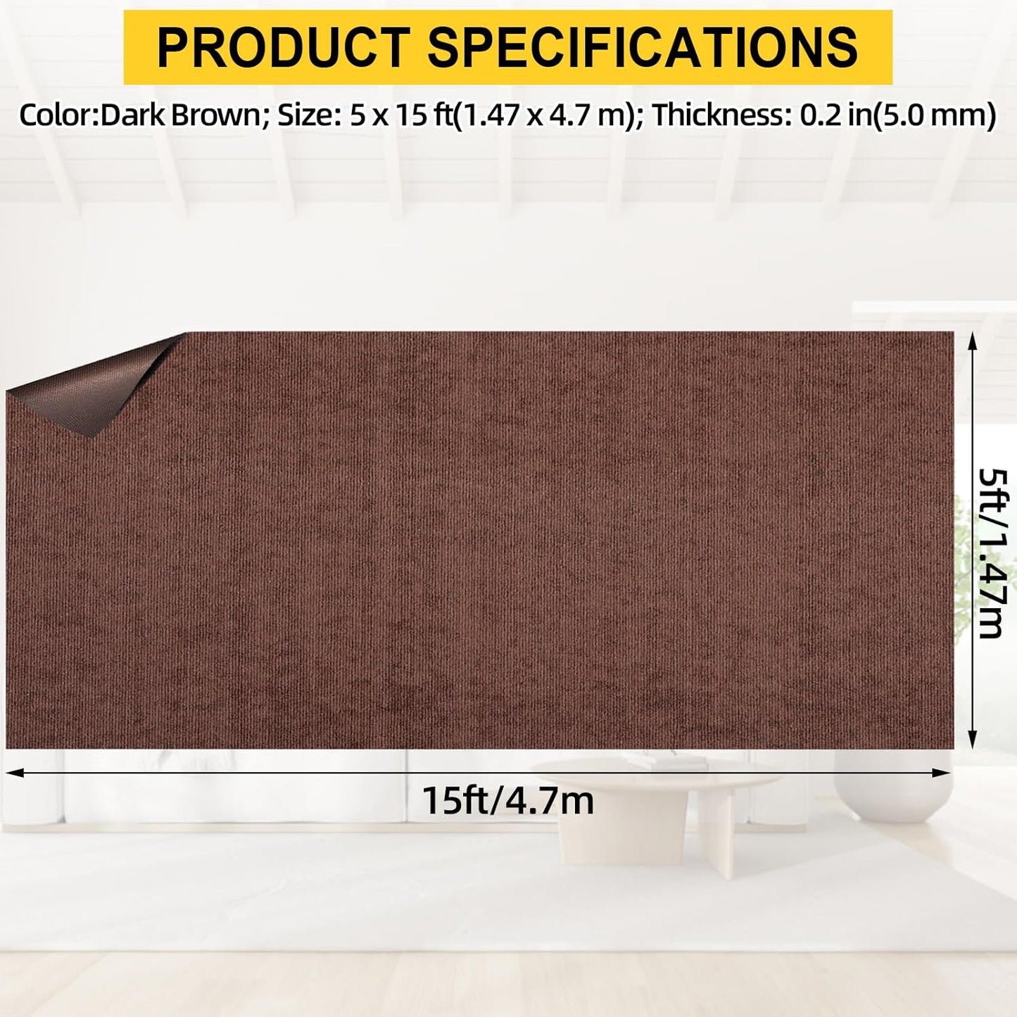 Marine Carpet,5 FT x 15 FT Brown Indoor Outdoor Carpet 0.2" Thick Boat Carpet with Water-Proof TPE