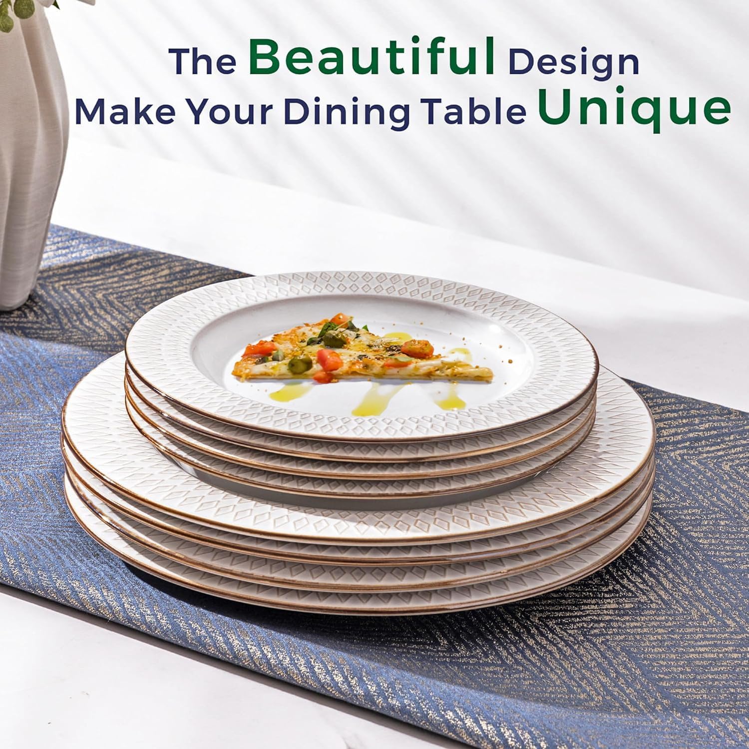 GBHOME Ceramic Dinnerware Sets, 24 pcs Embossed Elegant Stoneware Plates and Bowls Sets