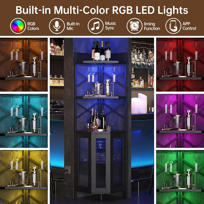 Corner Bar Cabinet with Power Outlet, 5-Tier Corner Wine Cabinet with Led Strip and Glass Holder
