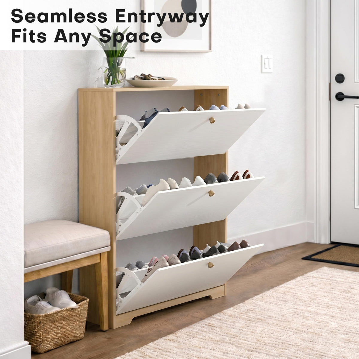 Nicetree Shoe Storage Cabinet with 3 Flip Drawers, Natural Oak and White