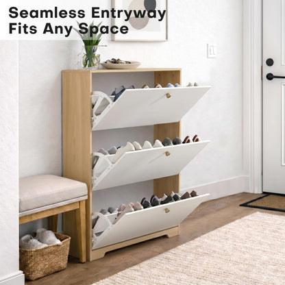 Nicetree Shoe Storage Cabinet with 3 Flip Drawers, Natural Oak and White