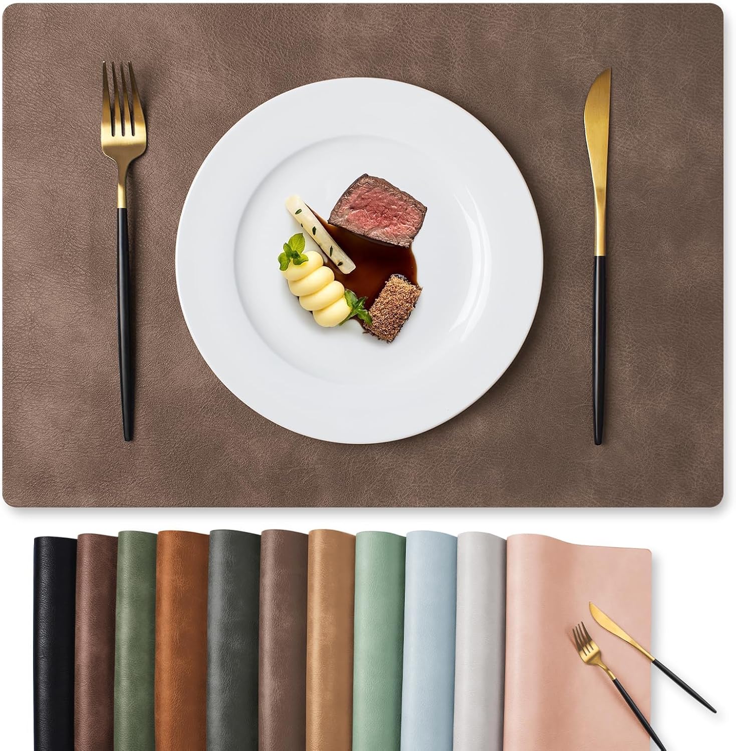MOSAYT Vinyl Placemats Set of 8-12 X 17 Inch - Faux Leather 100% Waterproof Oil-Proof Wipeable PU