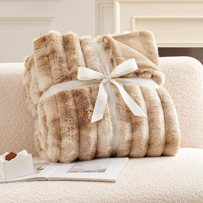 Cozy Bliss Faux Fur Throw Blanket for Couch, Cozy Warm Plush Striped Blanket for Sofa Bedroom