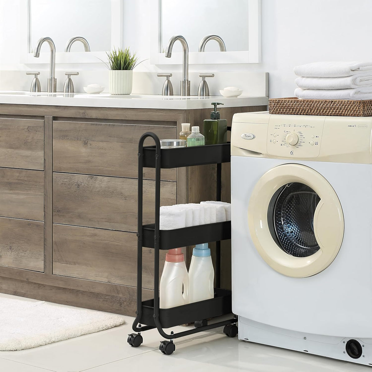 SunnyPoint Slim Rolling Storage Cart, 3 Tier Bathroom Storage Organizer Bathroom, Laundry Utility