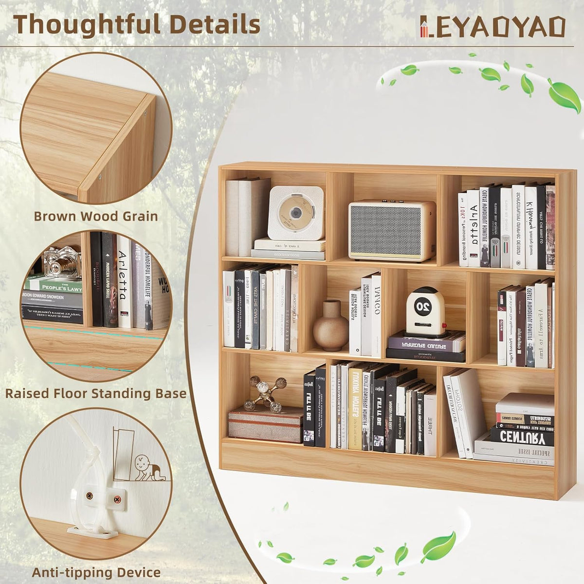 LEYAOYAO 10 Cube Bookshelf with Base,3 Tier Mid-Century Modern Grey Bookcase,Standing Wide