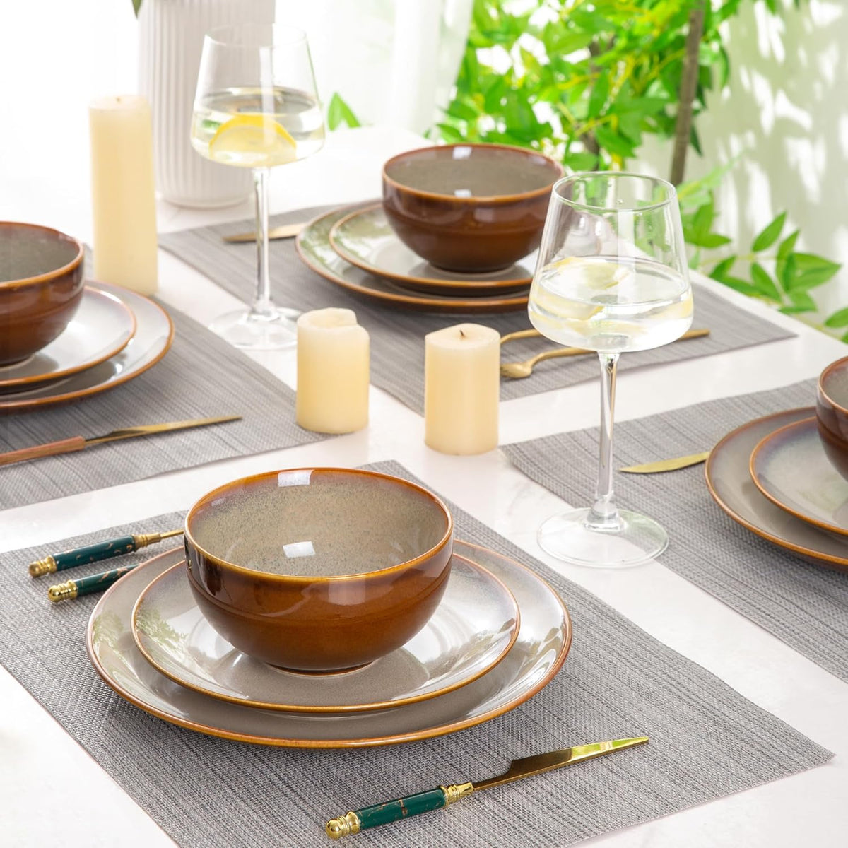LERATIO Ceramic Dinnerware Sets for 8,Stoneware Plates and Bowls Sets,Handmade Reactive Glaze