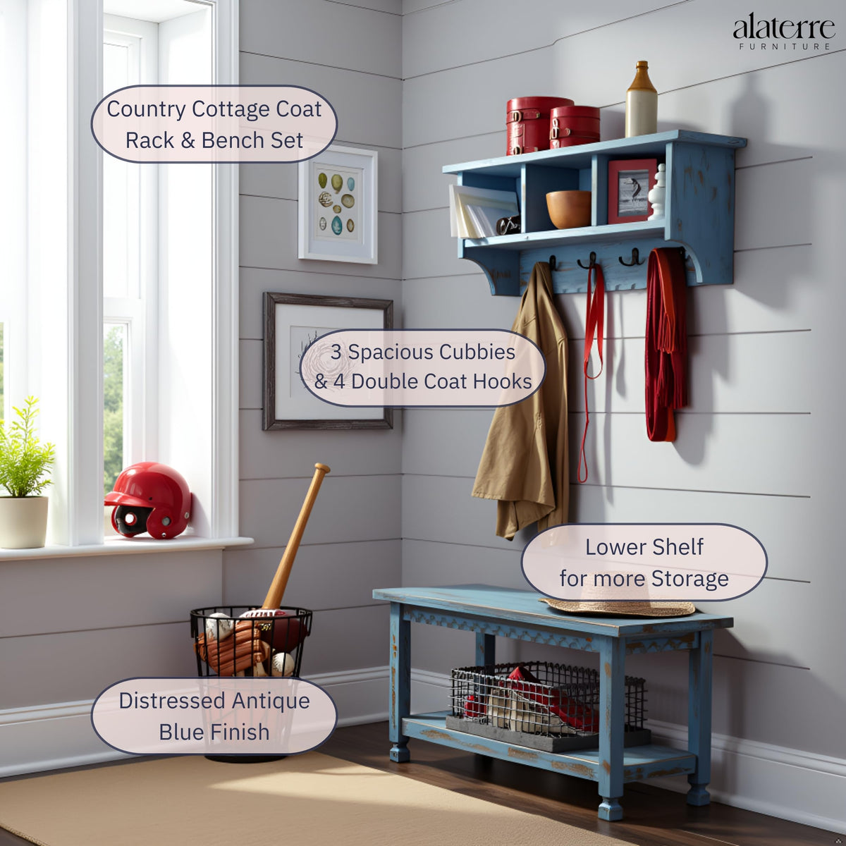 Country Cottage 36" Wall-Mount Coat Rack and Entryway Bench Set – Coat Hanger with Cubbies and