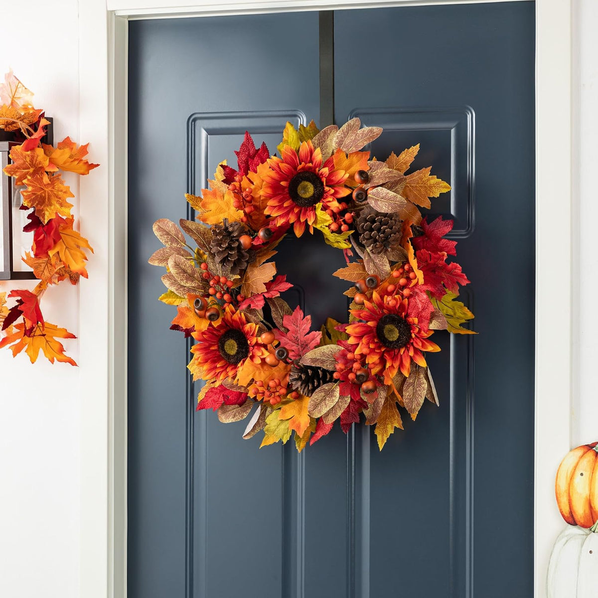 Glitzhome 24''D Fall Wreath with Hanger, Artificial Autumn Wreath for Front Door with Sunflower