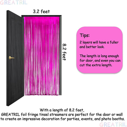 Hot Pink Party Streamers Backdrop - GREATRIL Shiny Fuchsia Tinsel Foil Fringe Curtain for