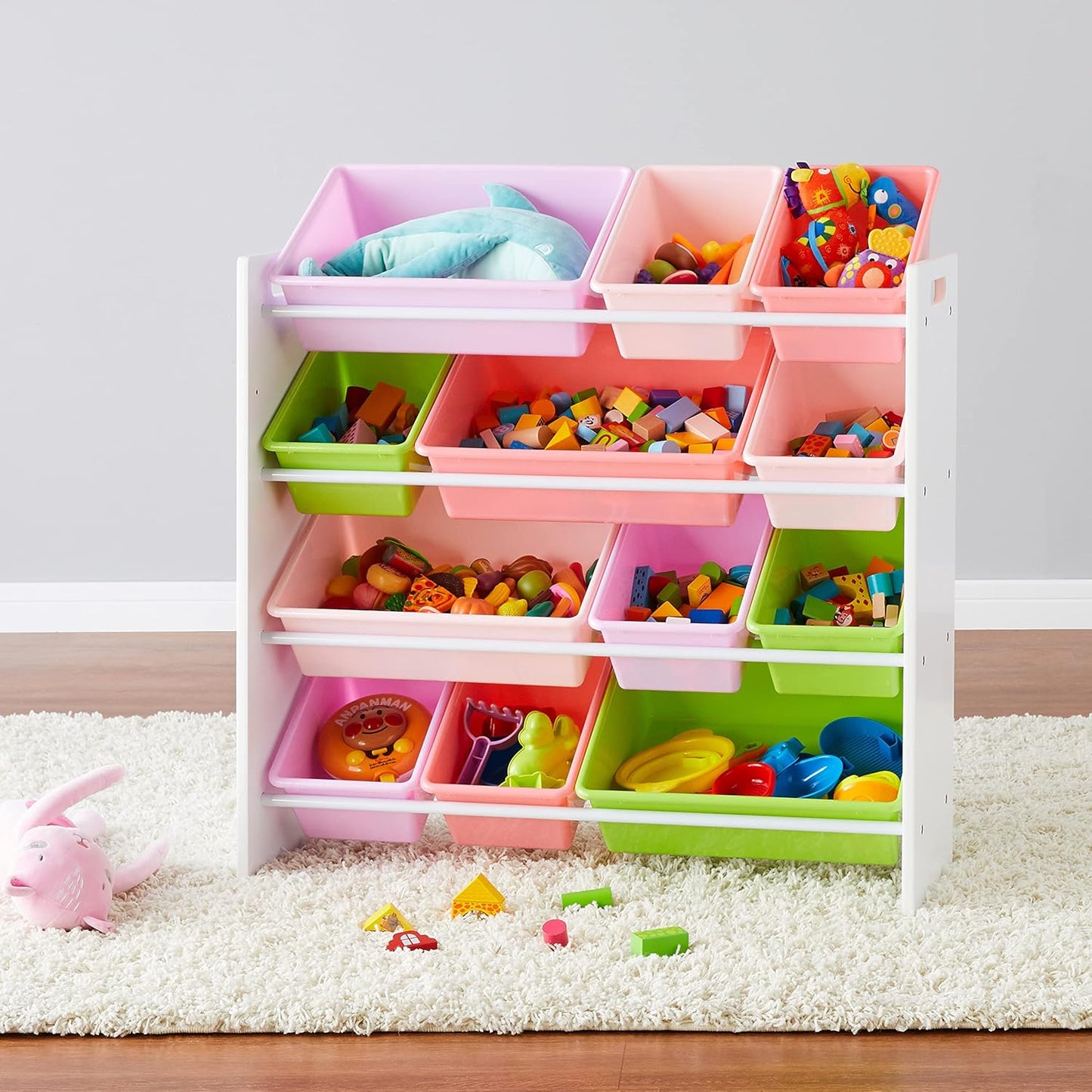 Amazon Basics Kids Toy Storage Organizer With 12 Plastic Bins, White Wood With Pink Bins, 10.9" D x