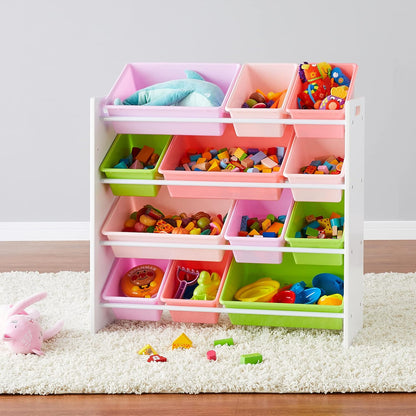 Amazon Basics Kids Toy Storage Organizer With 12 Plastic Bins, White Wood With Pink Bins, 10.9" D x