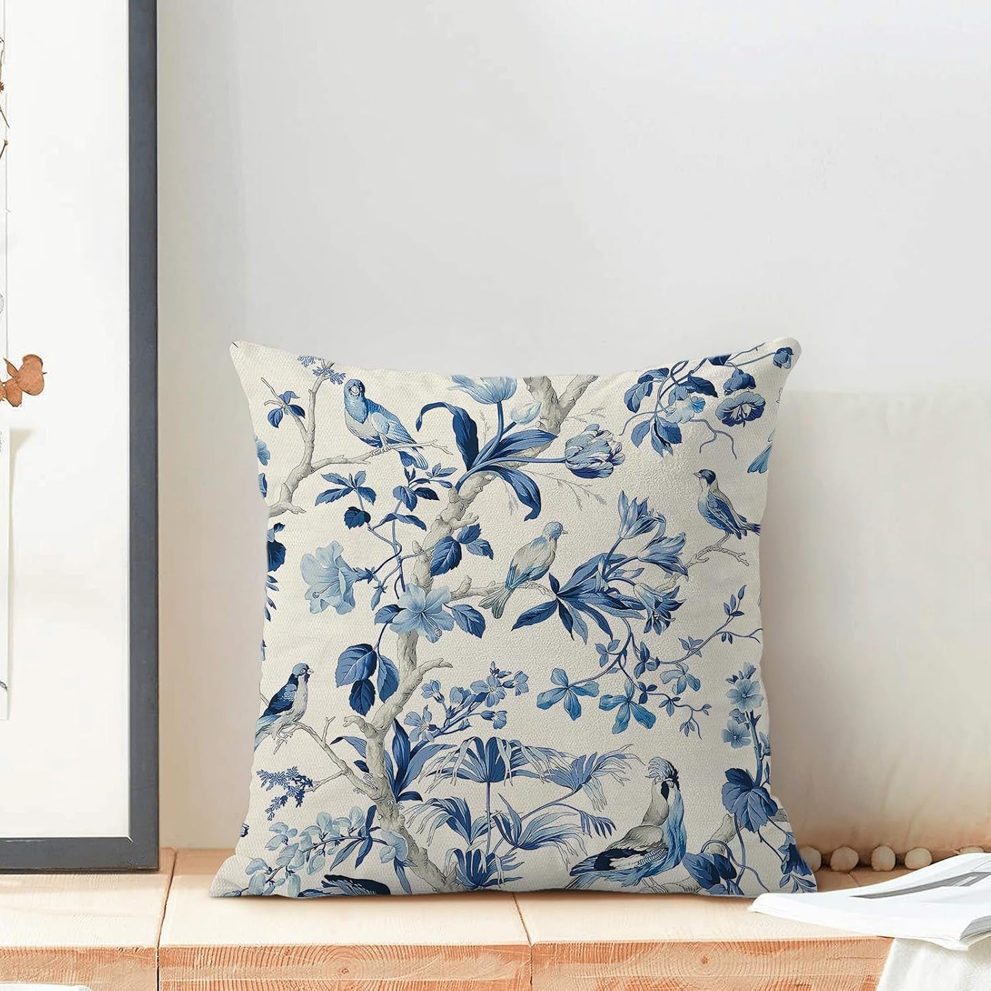 CXMEIFLY Navy Blue Spring Floral Pillow Covers 18 x 18 Inch Set of 2 for Chinoiserie Flowers Bird