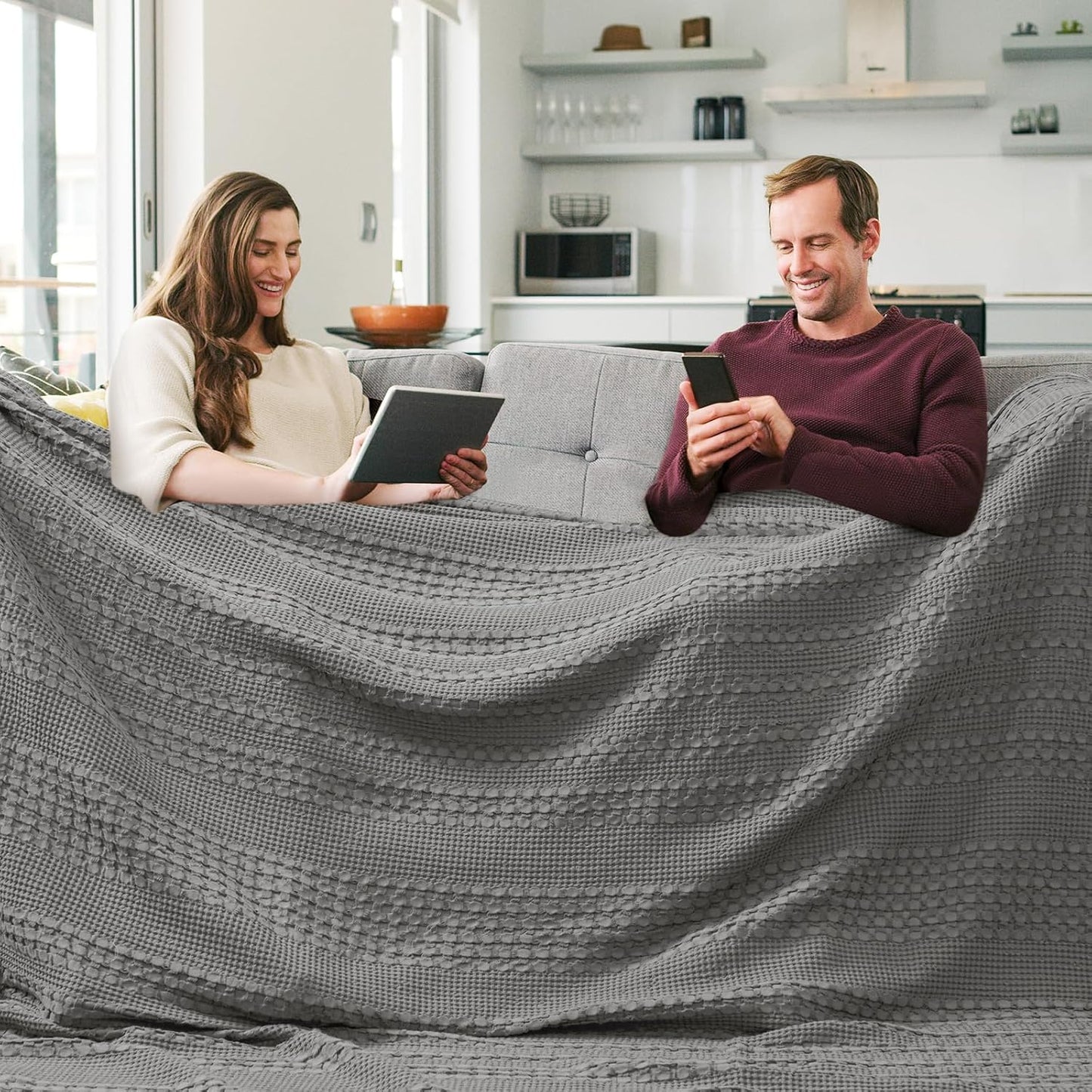 PHF 100% Cotton Waffle Blanket Oversized King 120"x120", Lightweight Breathable Extra Large 10'x10'