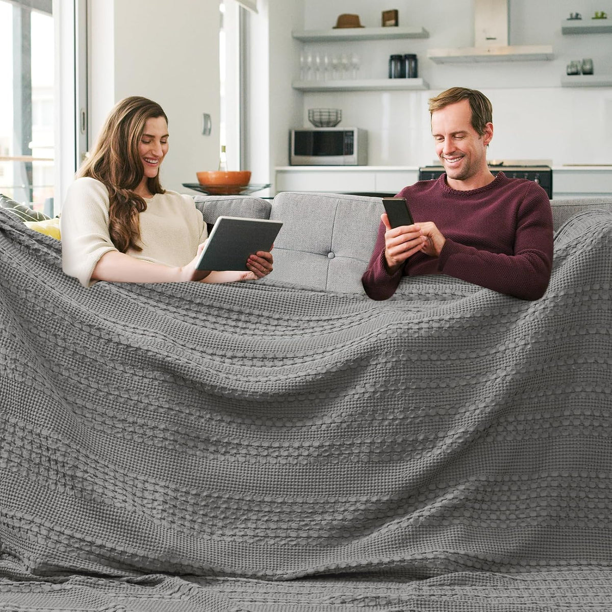 PHF 100% Cotton Waffle Blanket Oversized King 120"x120", Lightweight Breathable Extra Large 10'x10'