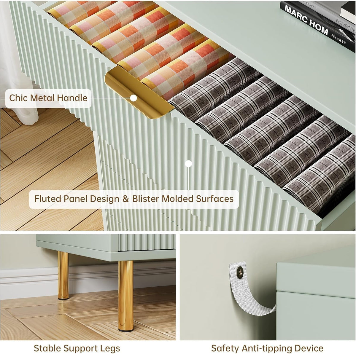 GAOMON 6 Drawer Dresser, Wood Chest of Drawers Organizer Storage with Gold Handle, Large Storage