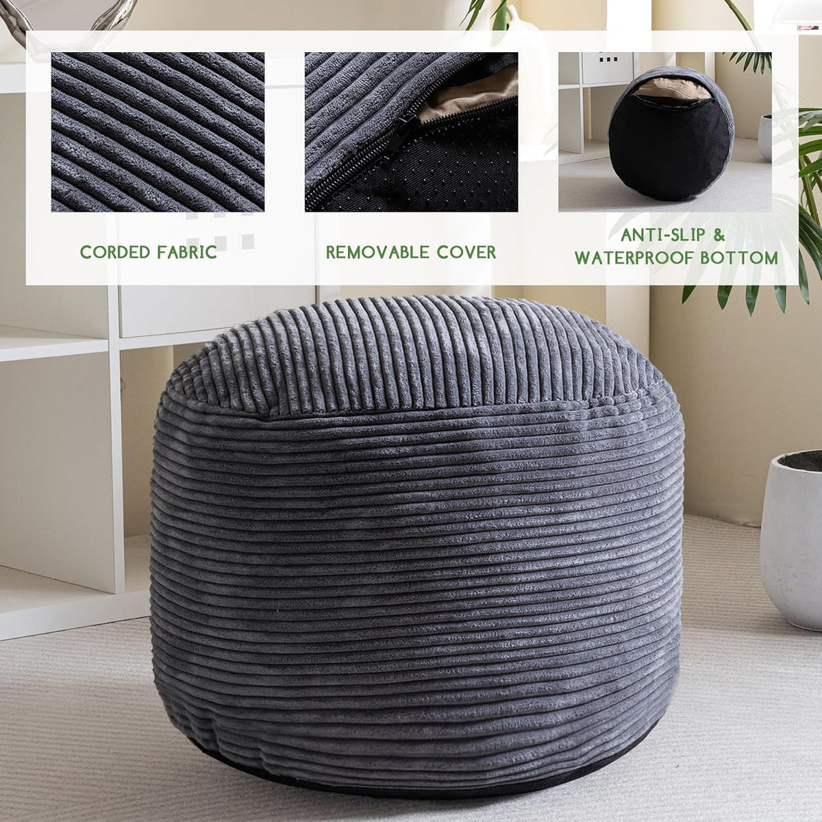 HIGOGOGO Round Stuffed Pouf Ottoman, Corduroy Poufs with Foam Chunk Filling, Furry and Fluffy Pouf