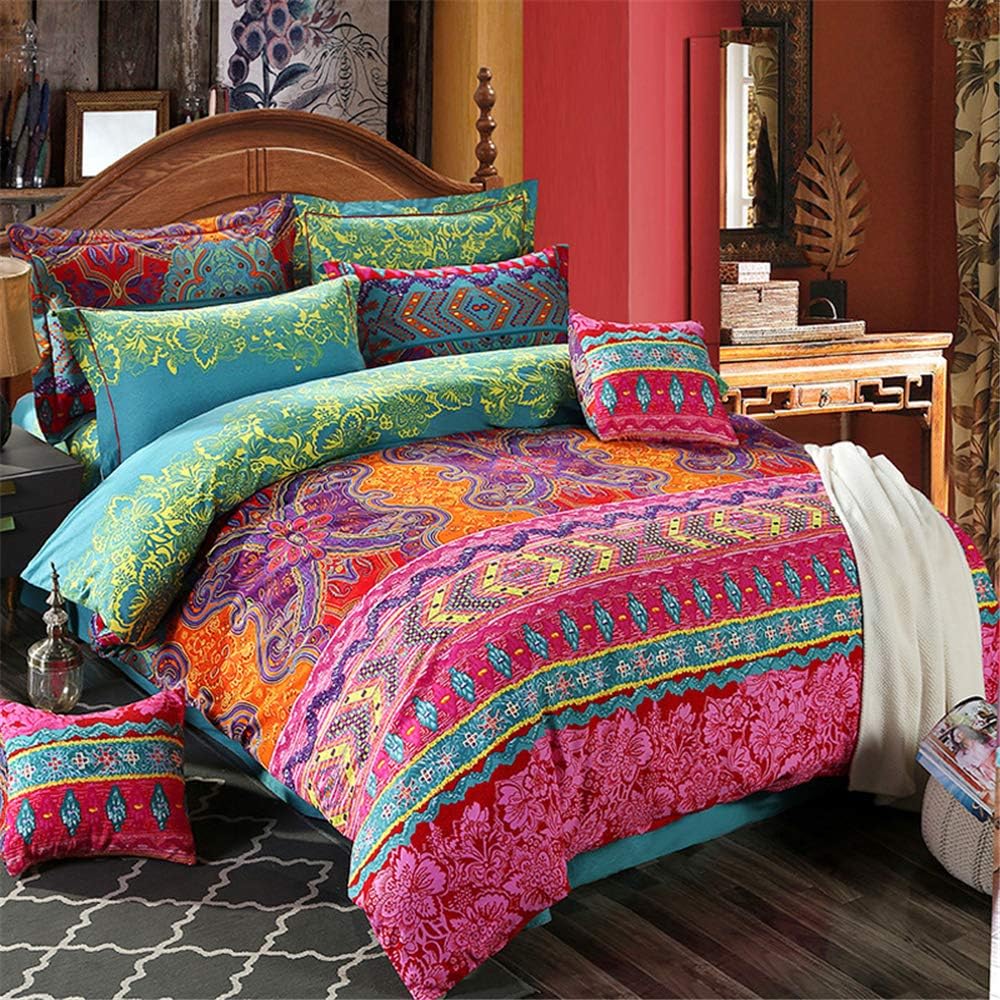 ABREEZE 3Pcs Bohemia Retro Bedding Ethnic Vintage Floral Duvet Cover Boho Bedding 100% Brushed